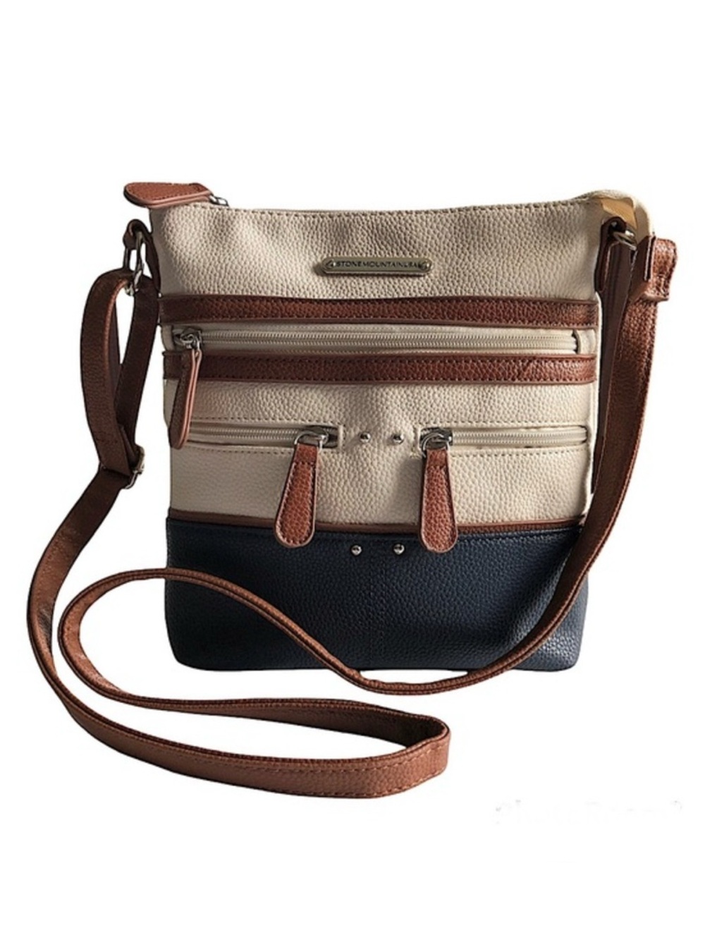 Stone Mountain USA Leather Pebble Lulu Talia Ivory/Navy/ Brown Crossbody Bag